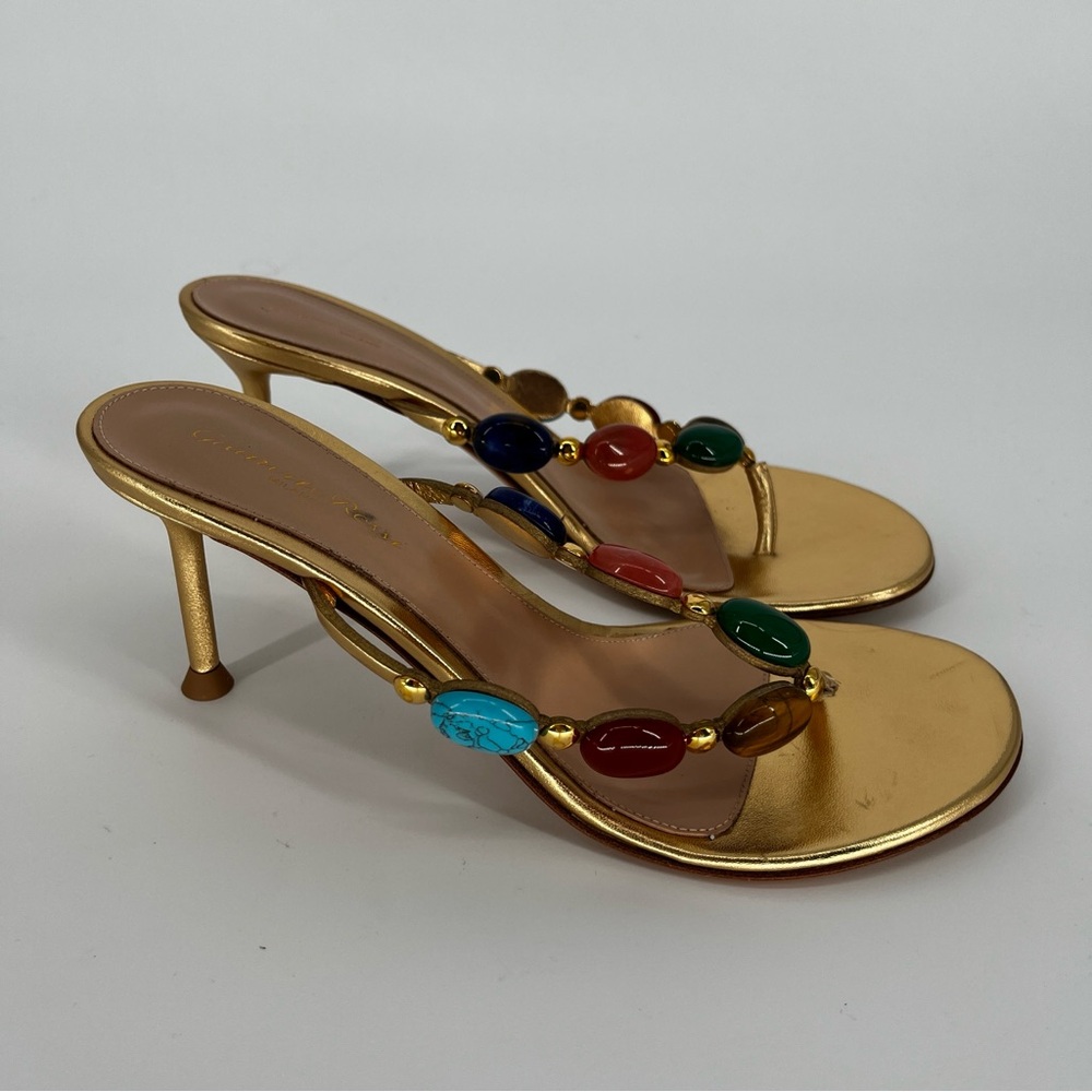 Gianvito Rossi Shanti Thong 70 Sandals Gold Jeweled Size 9 - Picture 8 of 14